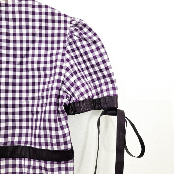 Vintage Yves Saint Laurent Purple Gingham Plaiand Leather Tie Shoulder Blouse XS - Picture 7 of 11